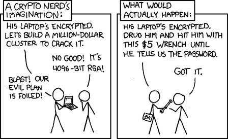 Comic describing rubber-hose cryptanalysis: An attacker tells another attacker to beat the victim with a wrench until the victim reveals the passphrase