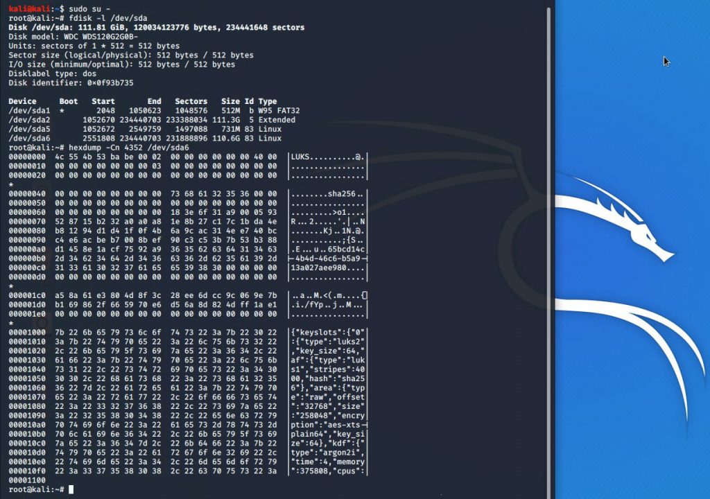 A screenshot in Kali with a hexdump showing a valid LUKS header