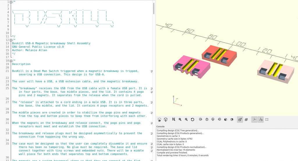 Screenshot shows a 3D model of a 3D Printable BusKill in OpenSCAD