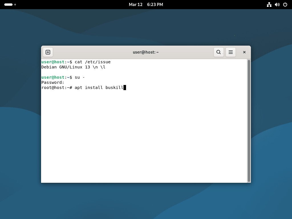 Screenshot of Debian, showing the command to install BusKill)