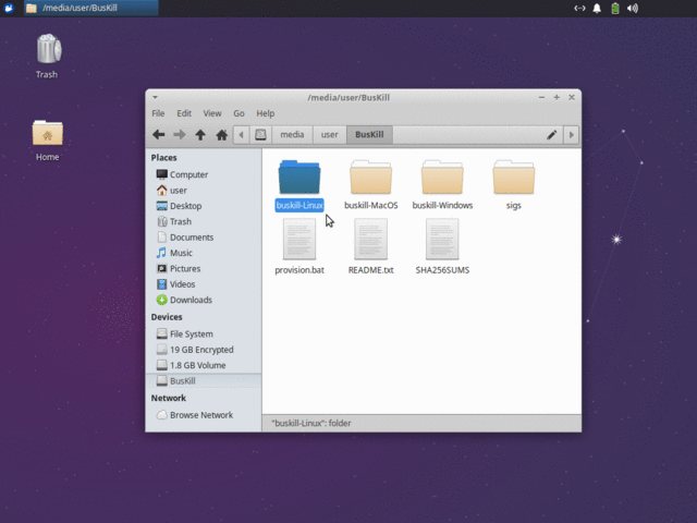 Screenshots show the user clicking & dragging the "buskill-Linux" folder from the "BusKill" drive to the Desktop