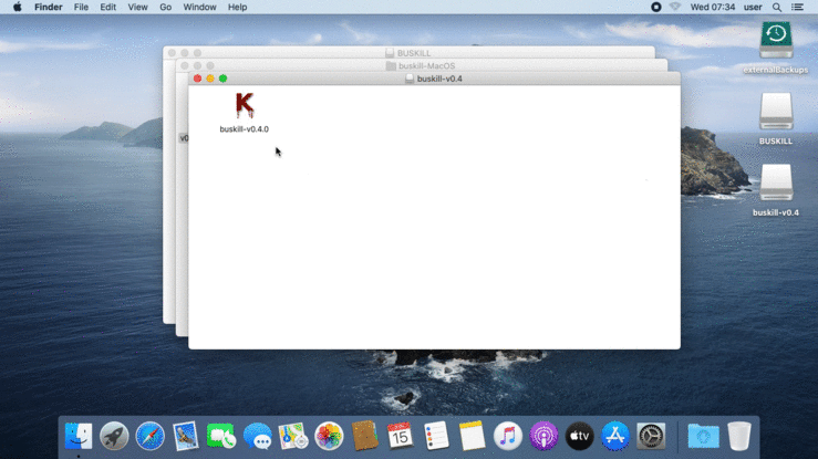 Screenshots show the user clicking & dragging the buskill app from the Finder window to the Desktop