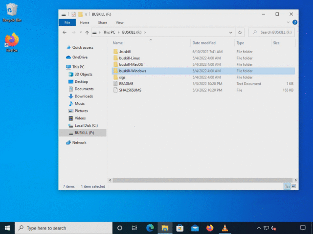 Screenshots show the user clicking & dragging the "buskill-Windows" folder from the BUSKILL drive to the Desktop