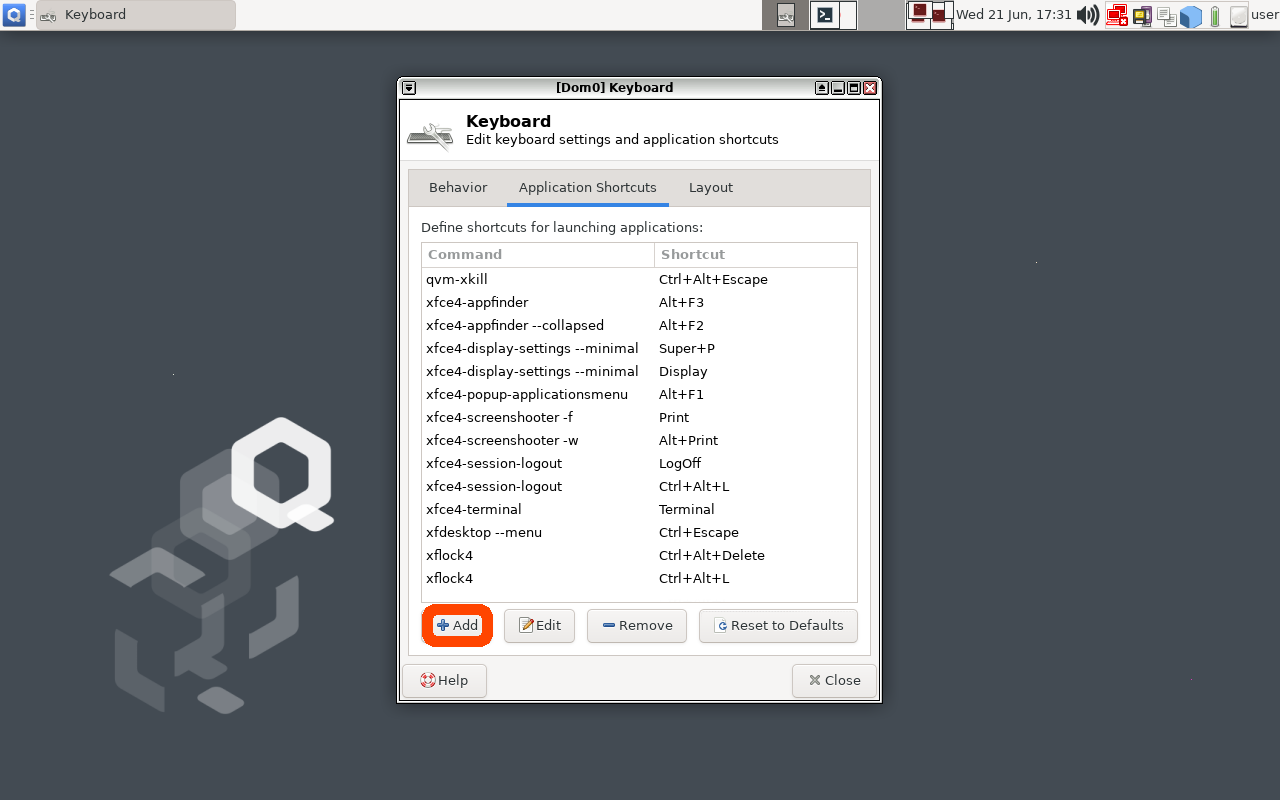 Screenshot of QubesOS Keyboard Settings Window that shows the "+ Add" button highlightedalt