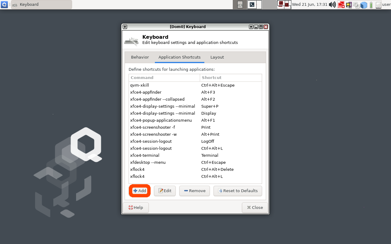 Screenshot of QubesOS Keyboard Settings Window that shows the &quot;+ Add&quot; button highlightedalt