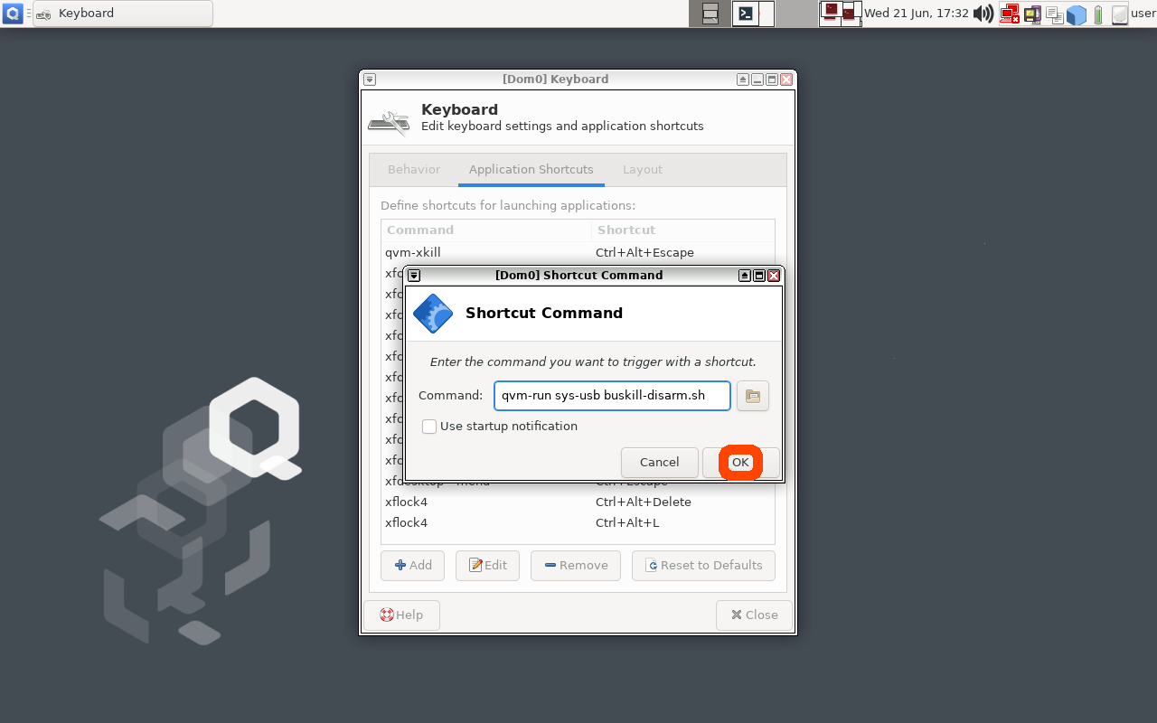 Screenshot of QubesOS Keyboard Settings Window that shows the \&quot;OK\&quot; button highlighted