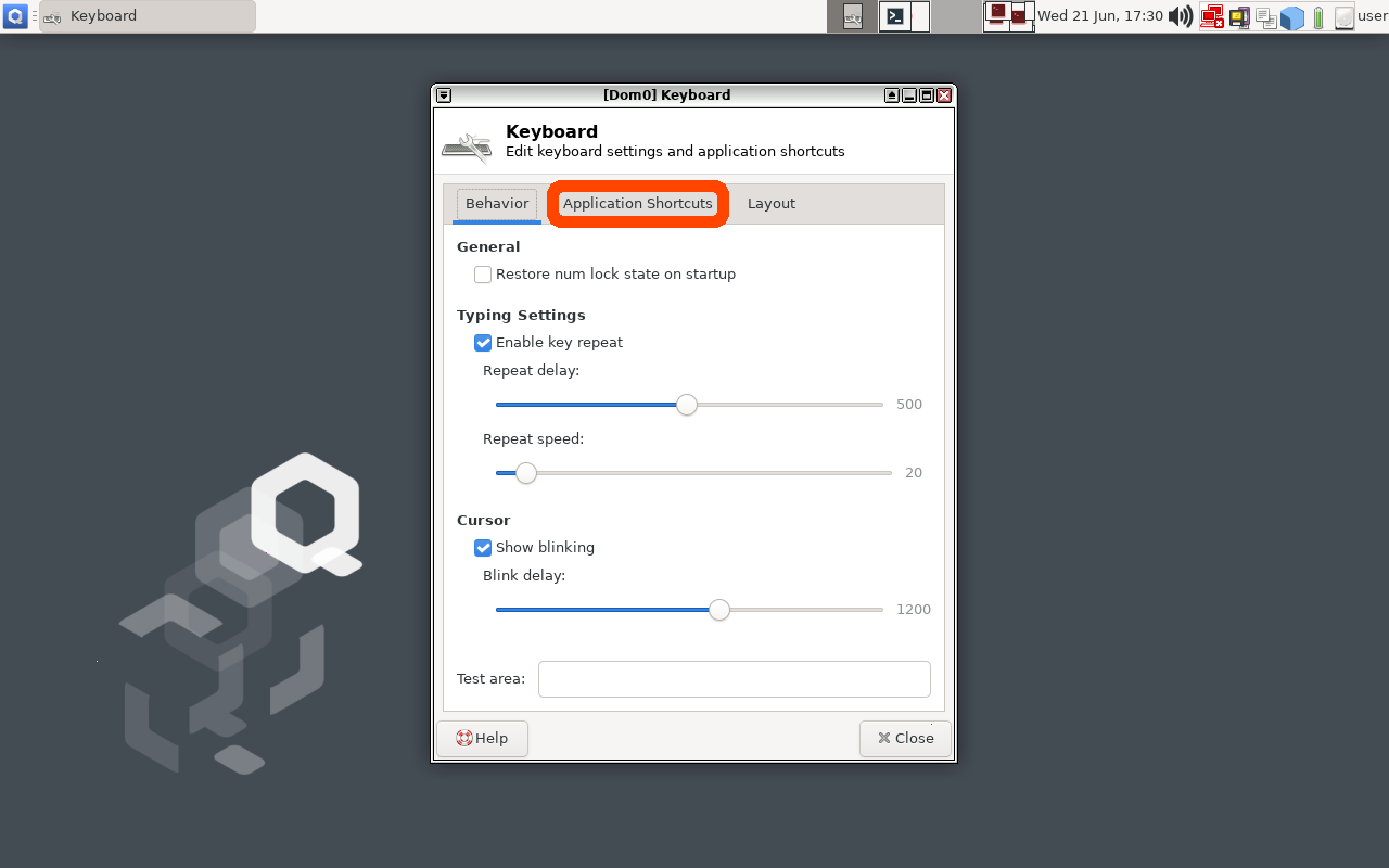 Screenshot of QubesOS Keyboard Settings Window that shows the &quot;Application Shortcuts&quot; tab highlighted&#39;alt