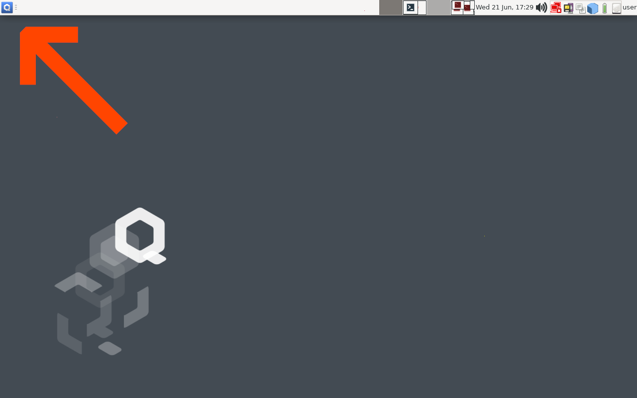 Screenshot of QubesOS with an arrow pointing to the &quot;Q&quot; Application Menu in the very top-left of the screen