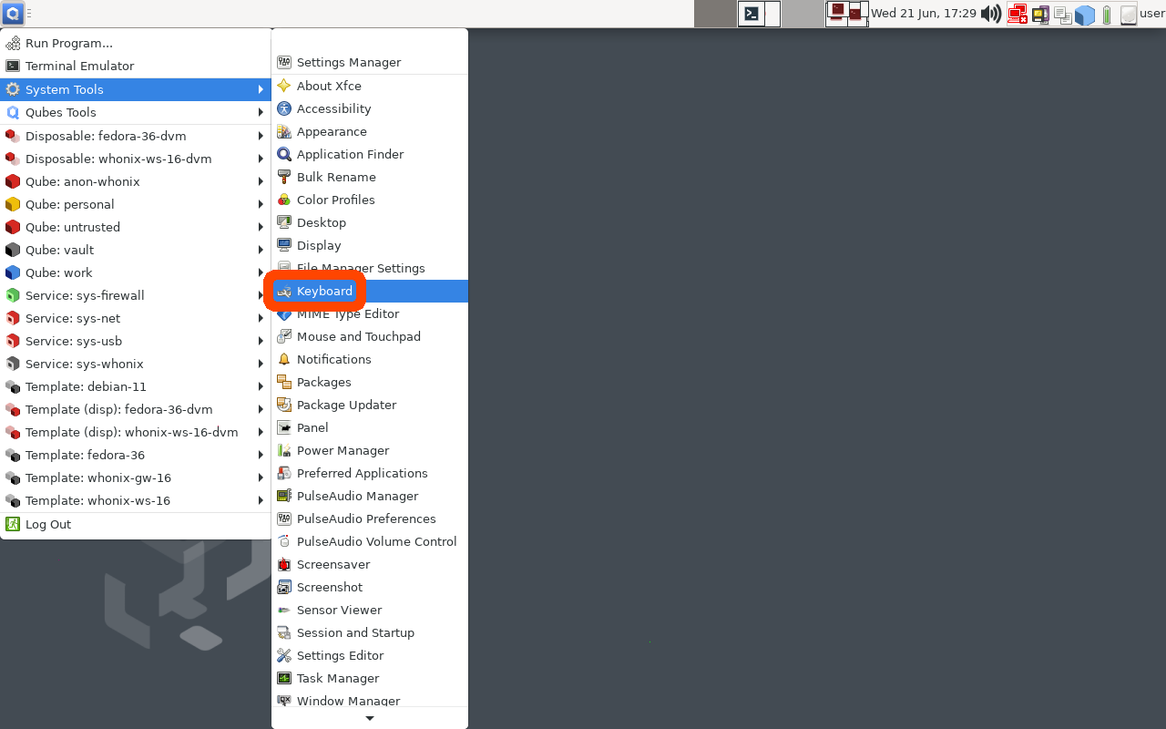 Screenshot of QubesOS Application Menu with "System Tools -> Keyboard" highlighted