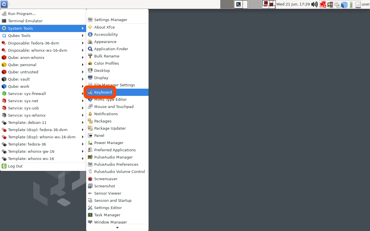 Screenshot of QubesOS Application Menu with &quot;System Tools -&gt; Keyboard&quot; highlighted