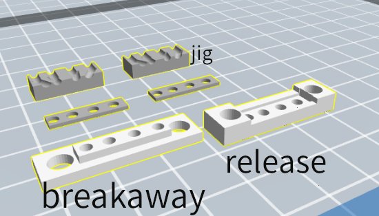 Screenshot of CAD files with the jig, breakaway, and release labeled