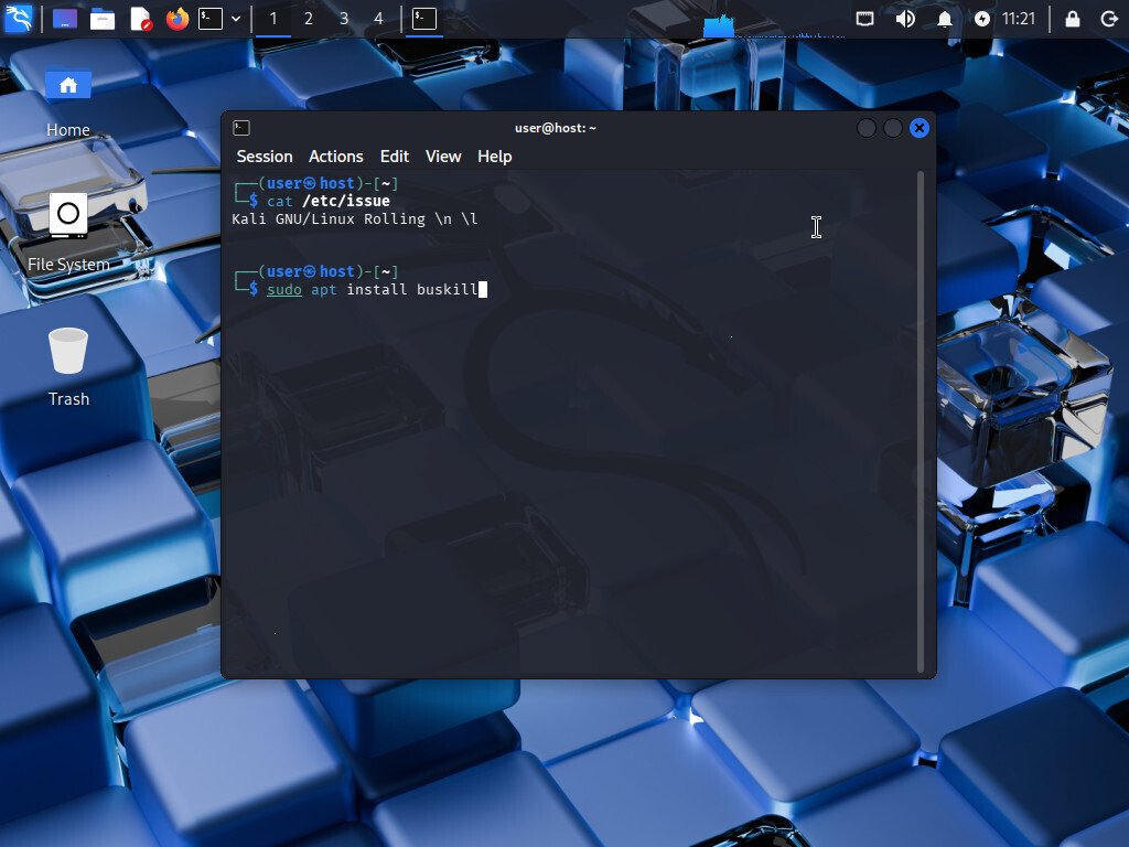 Screenshot of Kali, showing the command to install BusKill