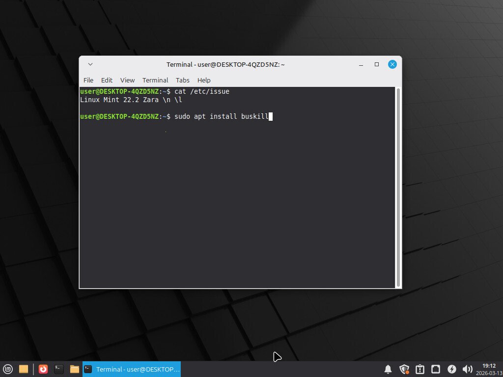 Screenshot of Linux Mint, showing the command to install BusKill