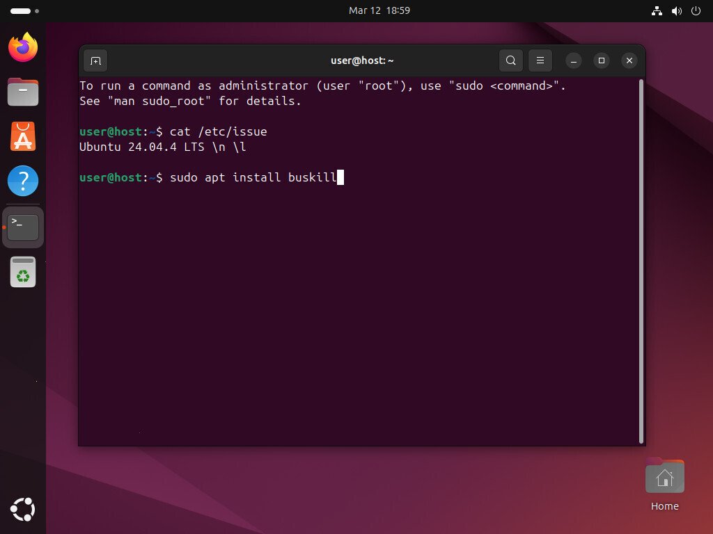 Screenshot of Ubuntu, showing the command to install BusKill
