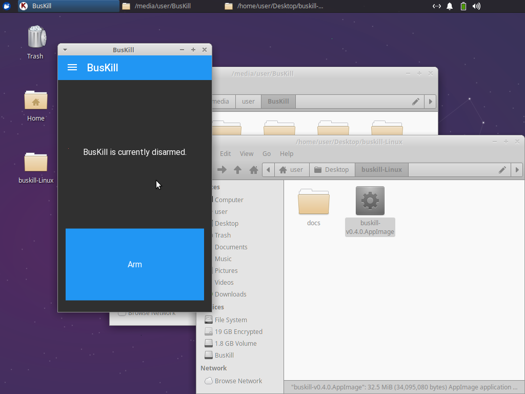 Screenshot shows the BusKill App open with the text "BusKill is currently disarmed."