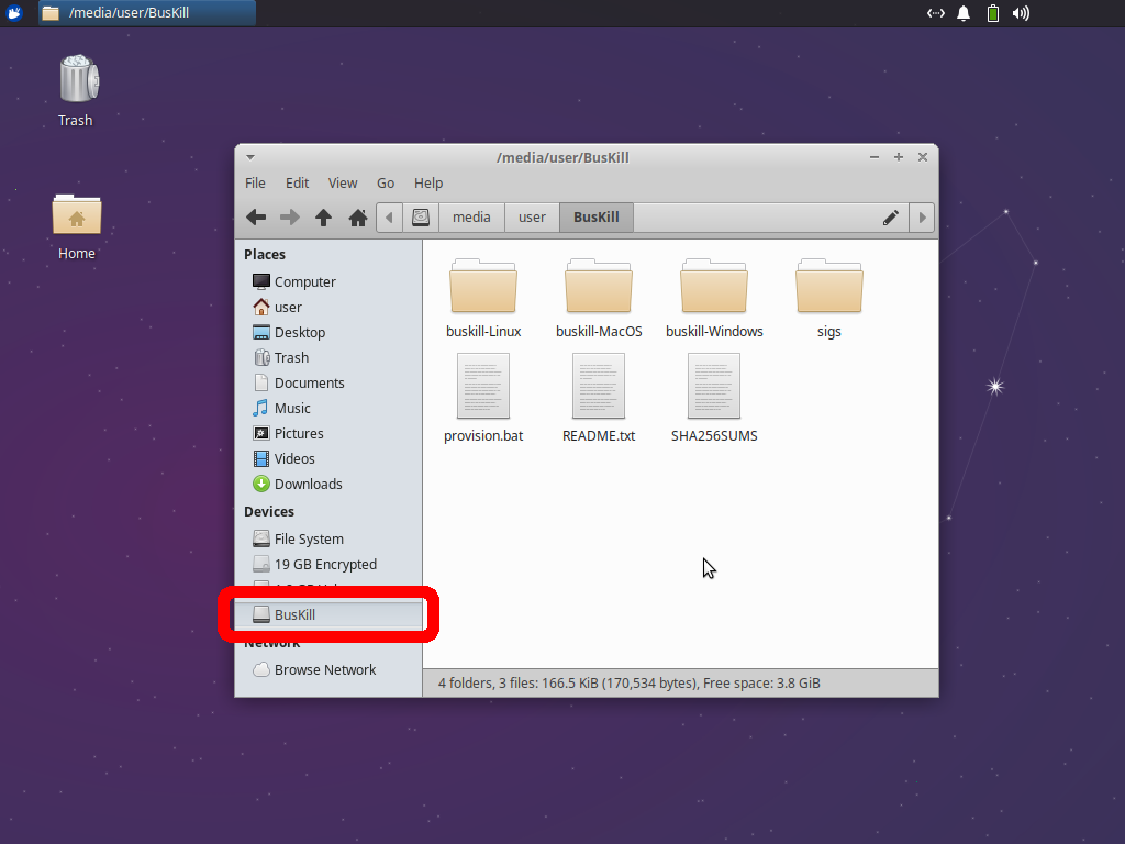 Screenshot shows the File Manager with the "BusKill" USB drive listed under "Devices"