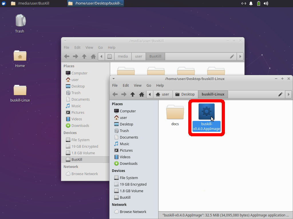 Screenshot shows the contents of the "buskill-Linux" folder with the .AppImage selected
