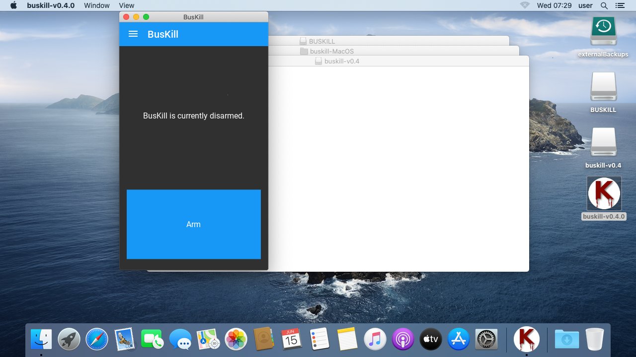 Screenshot shows the BusKill App open with the text "BusKill is currently disarmed."