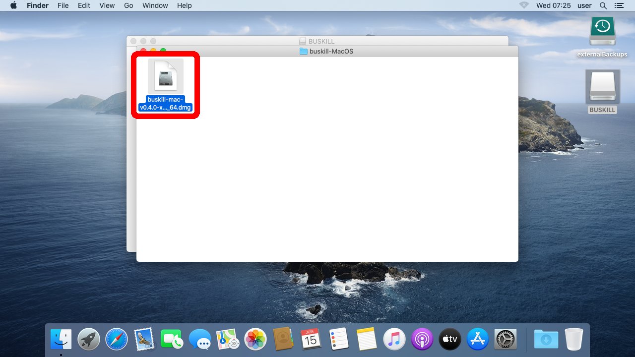 Screenshot shows the contents of the "buskill-MacOS" folder. There is one .dmg file and it's selected.