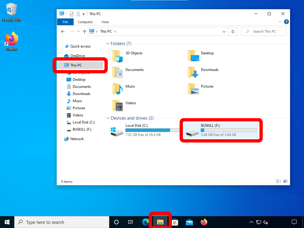 Screenshot shows the File Explorer at "This PC" with the "BUSKILL" USB drive registered as "F:" drive