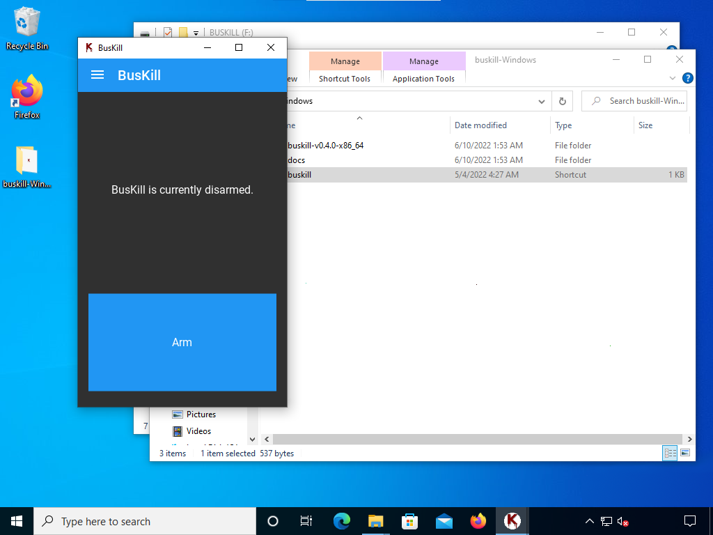 Screenshot shows the BusKill App open with the text "BusKill is currently disarmed."