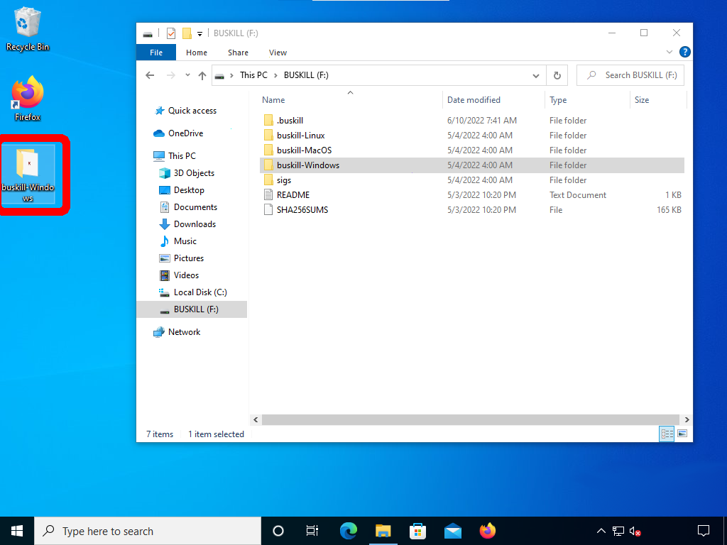 Screenshot shows thet hat "buskill-Windows" directory was copied to the Desktop.