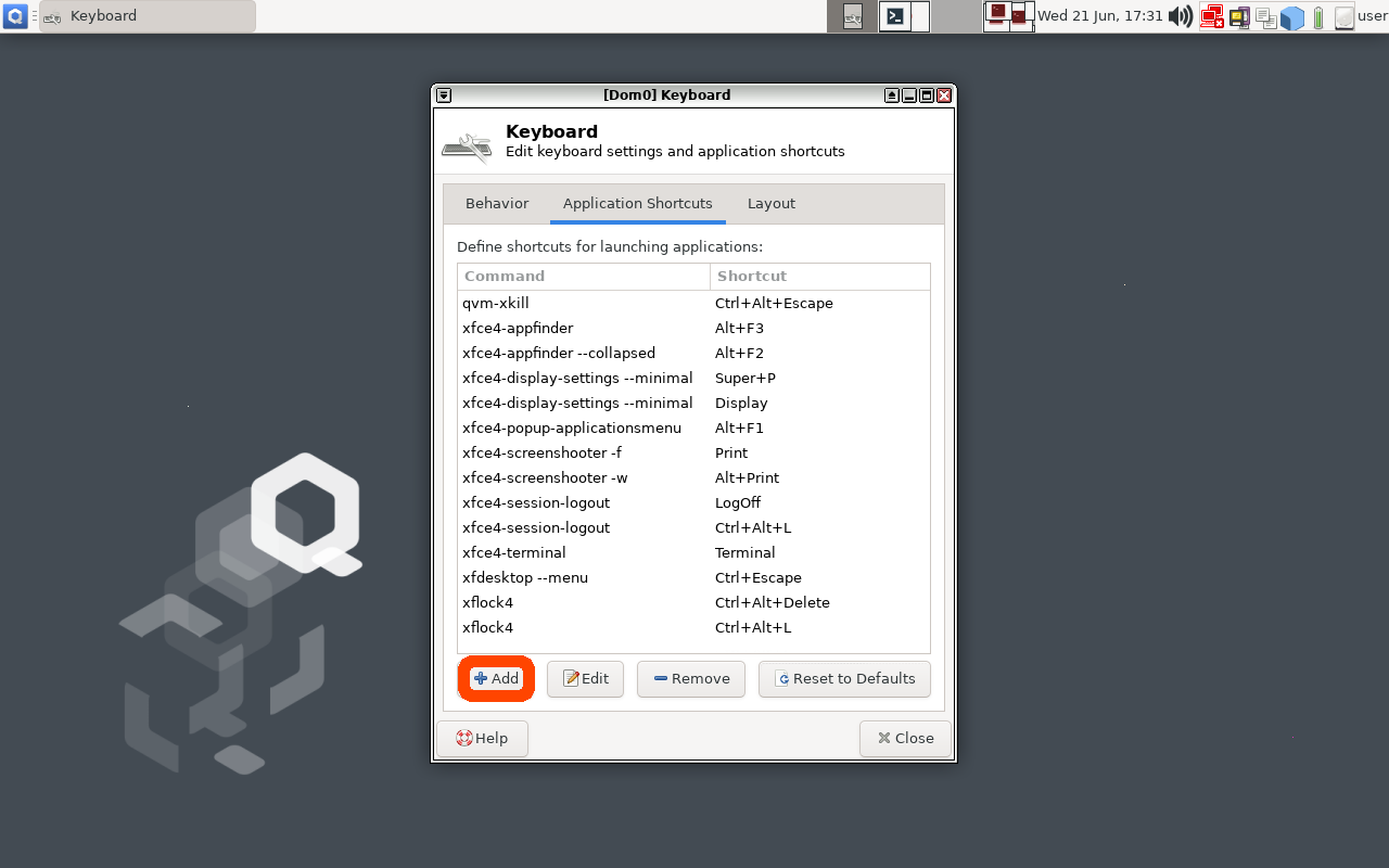 Screenshot of QubesOS Keyboard Settings Window that shows the "+ Add" button highlighted