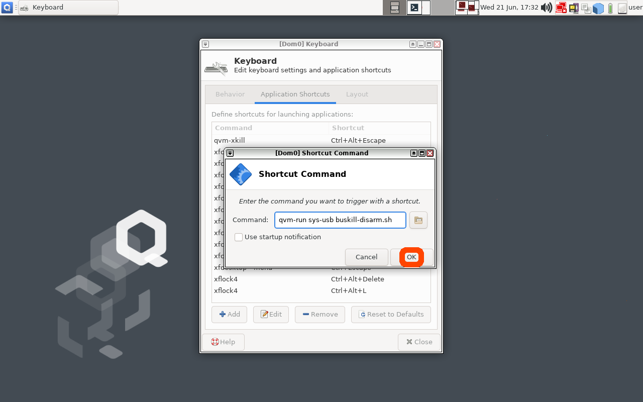 Screenshot of QubesOS Keyboard Settings Window that shows the "OK" button highlighted