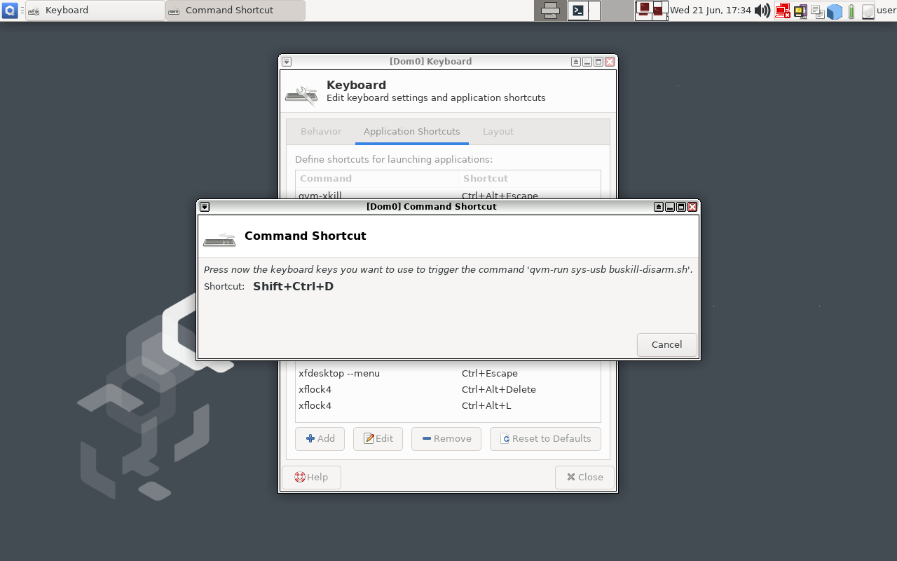 Screenshot of QubesOS Keyboard Settings Window that shows the selected Shortcut "Shift+Ctrl+D"