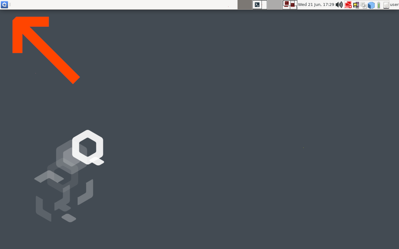 Screenshot of QubesOS with an arrow pointing to the "Q" Application Menu in the very top-left of the screen