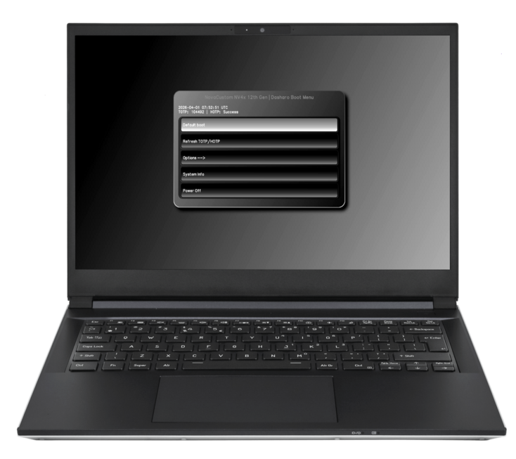 Photo of a laptop showing the Dashero Boot Menu, running Heads