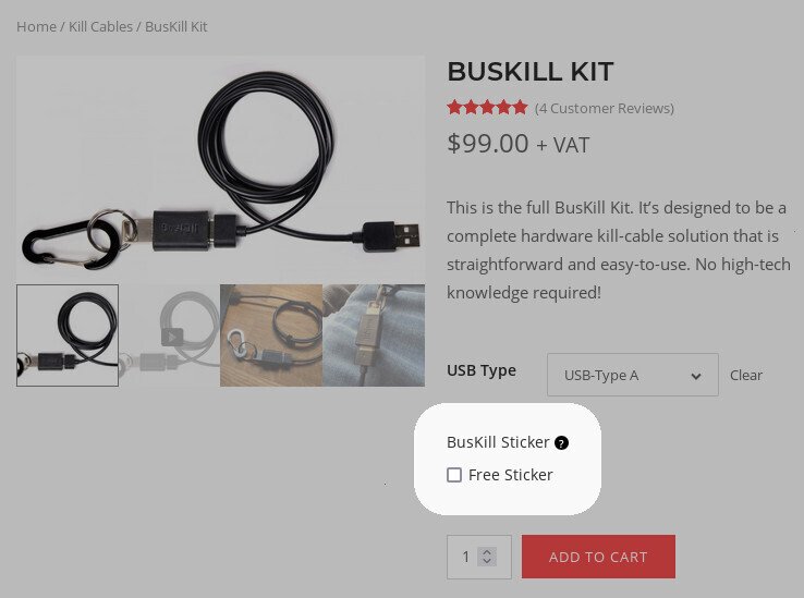 Screenshot of the product page for the BusKill Kit, highlighting that the "Free Sticker" checkbox is not checked