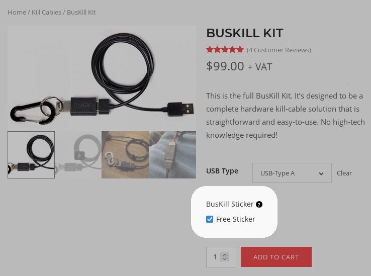 Screenshot of the product page for the BusKill Kit, highlighting that the "Free Sticker" checkbox is checked