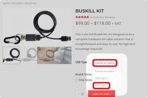 Screenshot of the product page for the BusKill Kit, highlighting the "Choose an option" dropdown next to the "USB Type" attribute, with "USB-Type C" highlighted