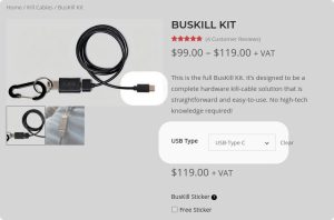 Screenshot of the product page for the BusKill Kit, highlighting that the "USB Type" is set to "USB-Type C" and that the tip of the cable in the product photo shows a USB-C tip