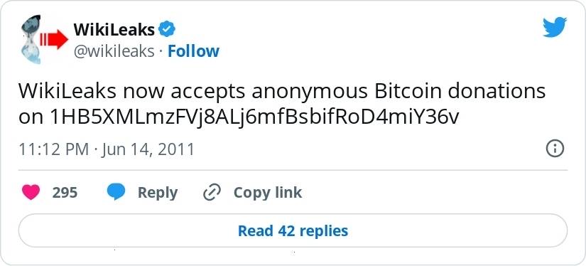Tweet from WikiLeaks that reads "WikiLeaks now accepts anonymous Bitcoin donations on 1HB5XMLmzFVj8ALj6mfBsbifRoD4miY36v"
